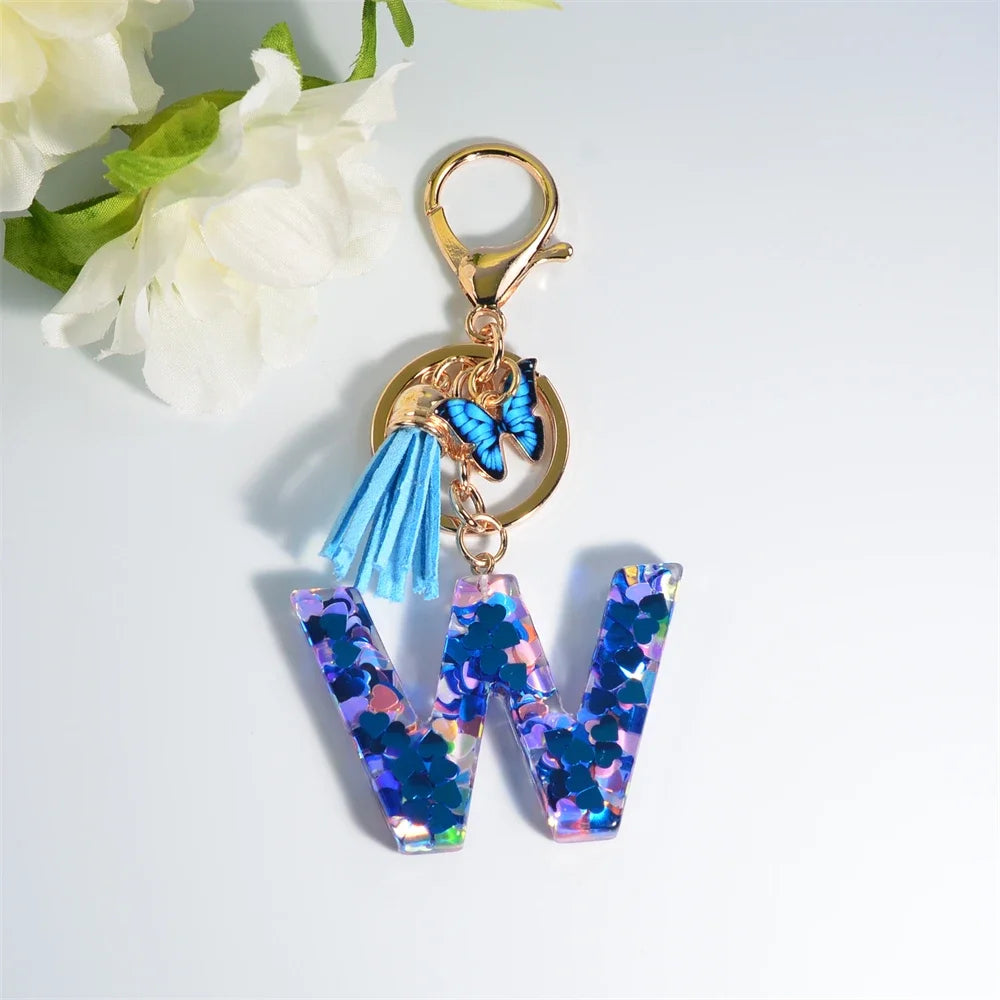 A-Z Blue Butterfly Tassel 26 Initials Keychain Women's Fashion Heart Sequin Letter Keyring Handbag Charm Car Trinket Accessories