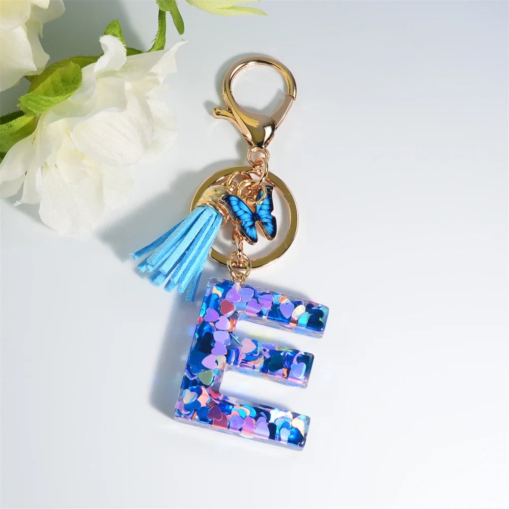 A-Z Blue Butterfly Tassel 26 Initials Keychain Women's Fashion Heart Sequin Letter Keyring Handbag Charm Car Trinket Accessories