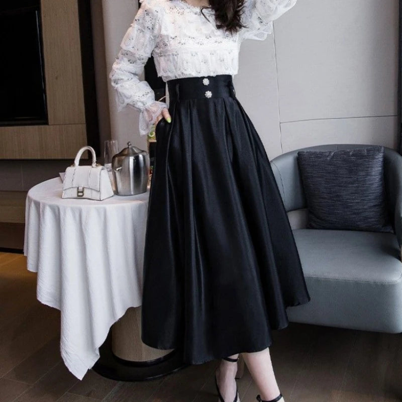 Woman Skirt Midi Black High Waist Skirts for Women V Casual Clothing Sales Korean Fashion Modest Luxury Elegant Quality Style