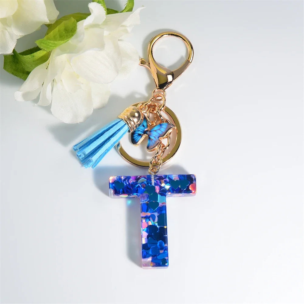 A-Z Blue Butterfly Tassel 26 Initials Keychain Women's Fashion Heart Sequin Letter Keyring Handbag Charm Car Trinket Accessories