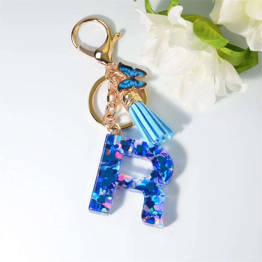 A-Z Blue Butterfly Tassel 26 Initials Keychain Women's Fashion Heart Sequin Letter Keyring Handbag Charm Car Trinket Accessories