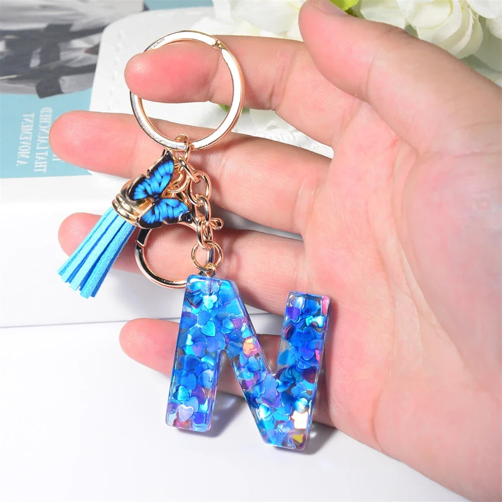 A-Z Blue Butterfly Tassel 26 Initials Keychain Women's Fashion Heart Sequin Letter Keyring Handbag Charm Car Trinket Accessories