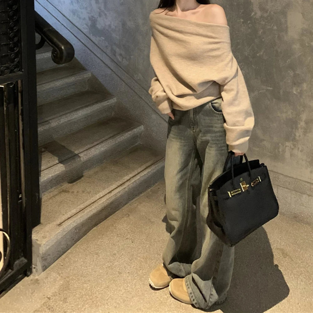 FZCSPEED Women's Off-shoulder Sweater Shoulder-baring Pullover Knit Solid Color Loose Knitwear Sweater for Autumn and Winter
