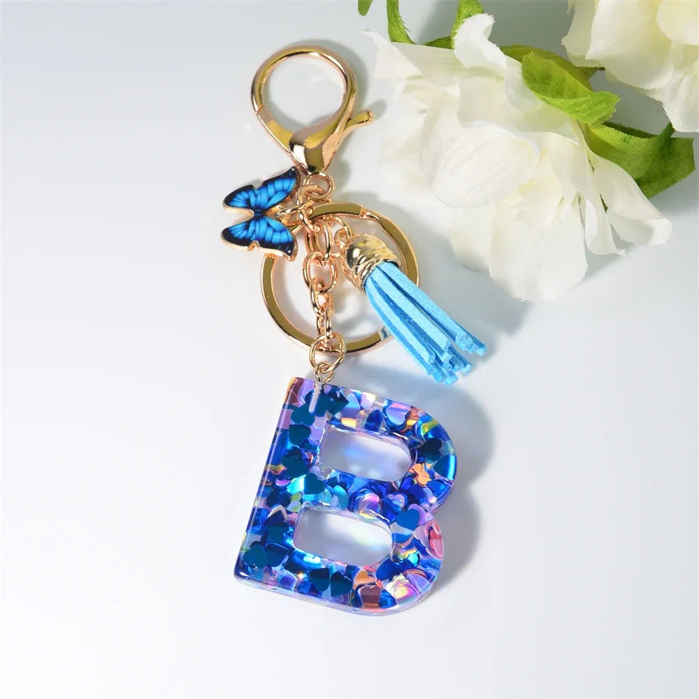 A-Z Blue Butterfly Tassel 26 Initials Keychain Women's Fashion Heart Sequin Letter Keyring Handbag Charm Car Trinket Accessories