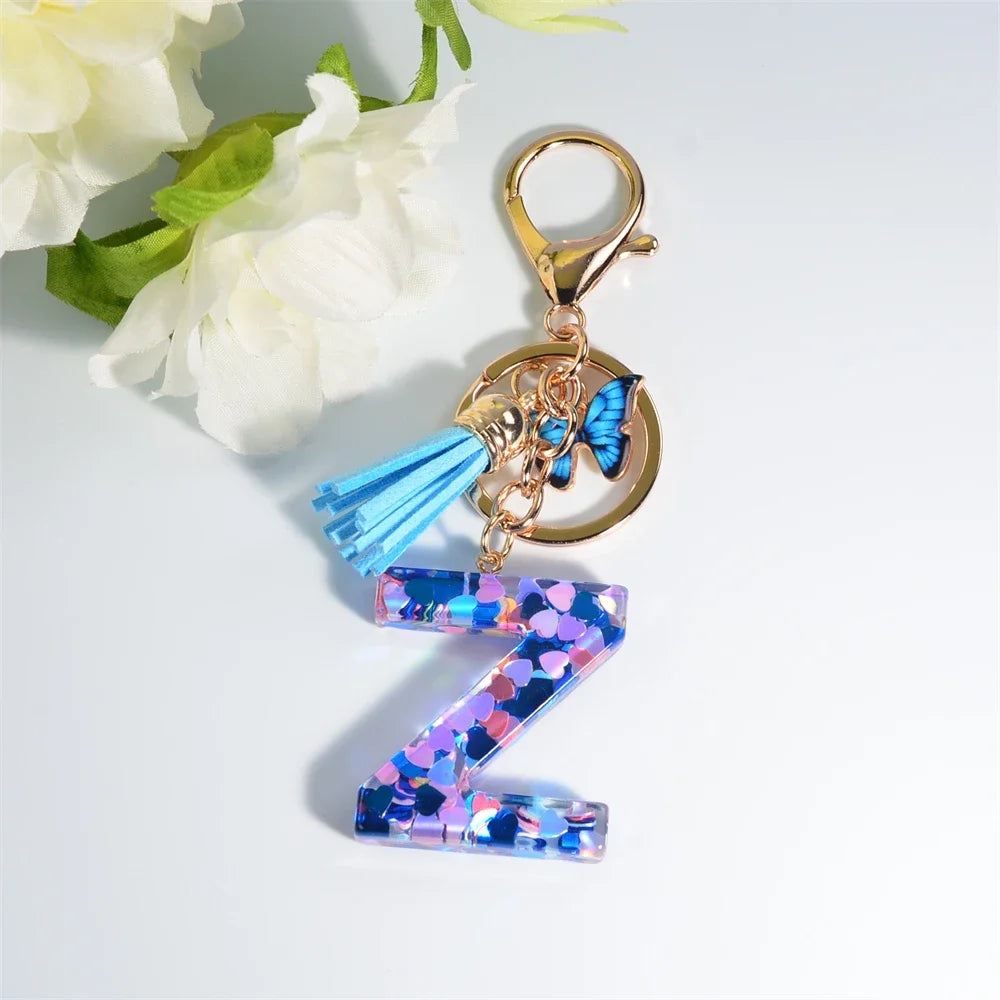 A-Z Blue Butterfly Tassel 26 Initials Keychain Women's Fashion Heart Sequin Letter Keyring Handbag Charm Car Trinket Accessories