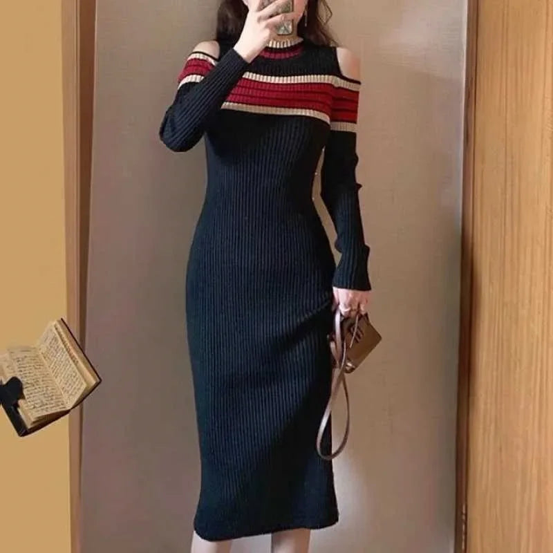 French Style Knitted Dress Slim Fit Shoulder Bared Long Gown for Women Autumn Fashion Elegant Ladylike Body Shape Highlighting