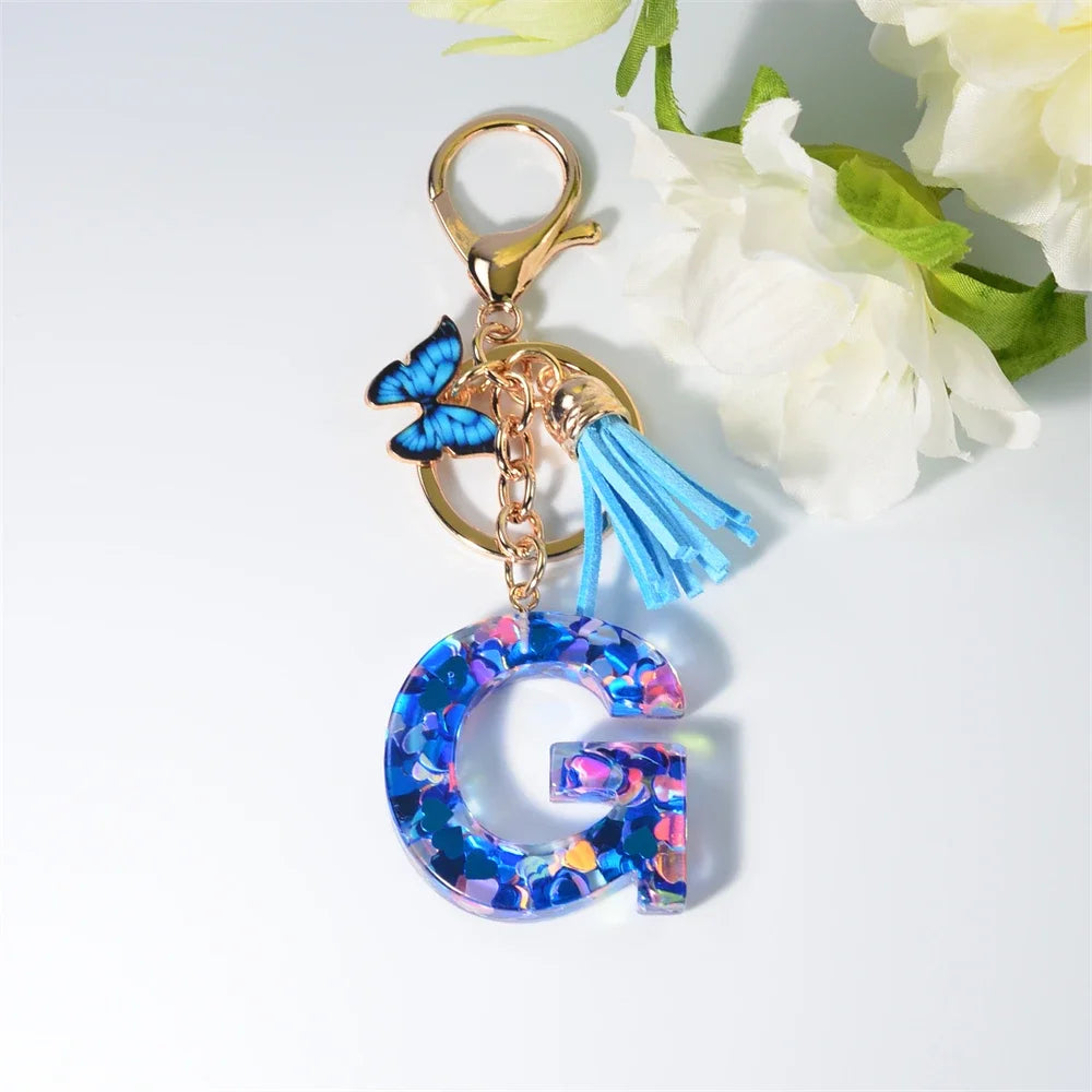 A-Z Blue Butterfly Tassel 26 Initials Keychain Women's Fashion Heart Sequin Letter Keyring Handbag Charm Car Trinket Accessories