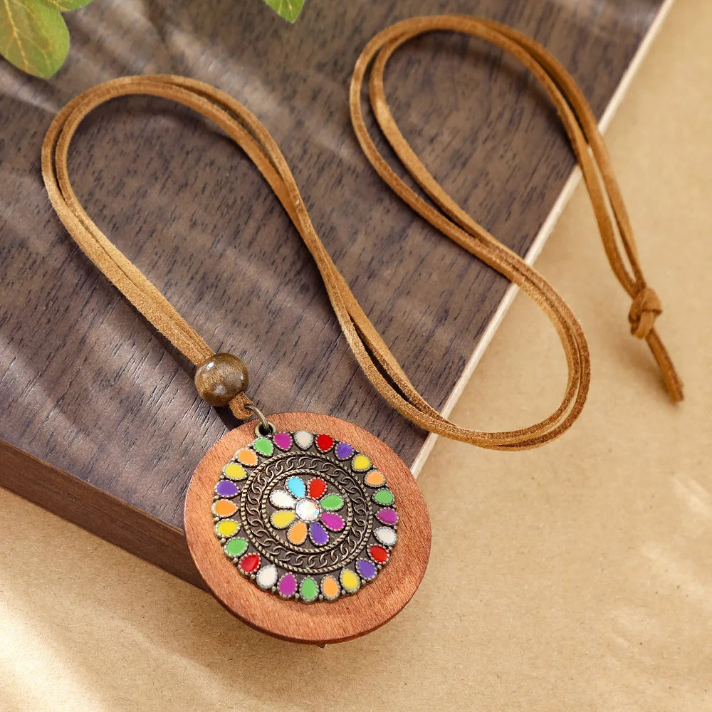 Bohemian Round Wooden Disc Pendant Necklaces for Women Ethnic Colorful Drop Oil Vintage Leather Rope Necklace Female Jewelry