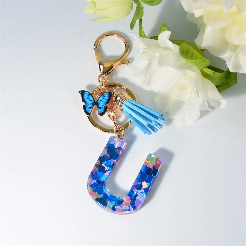 A-Z Blue Butterfly Tassel 26 Initials Keychain Women's Fashion Heart Sequin Letter Keyring Handbag Charm Car Trinket Accessories
