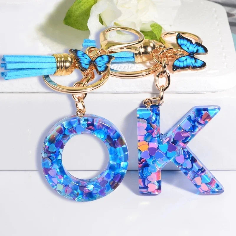 A-Z Blue Butterfly Tassel 26 Initials Keychain Women's Fashion Heart Sequin Letter Keyring Handbag Charm Car Trinket Accessories