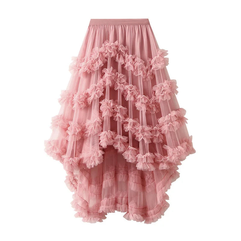 Women's Mesh Skirts Saree Candy Color Elastic Waist Fairy Mesh Half-body Skirt Puffy Irregular Ruffle Cake Skirt for Female 2025