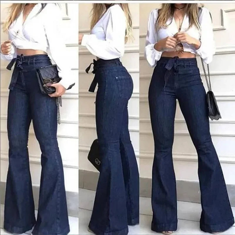 New Women Denim Tie Waist Flare Jeans Boyfriend Jeans Ladies High Waist Skinny bell bottom jeans Pants Autumn Wide Leg Mom Jeans