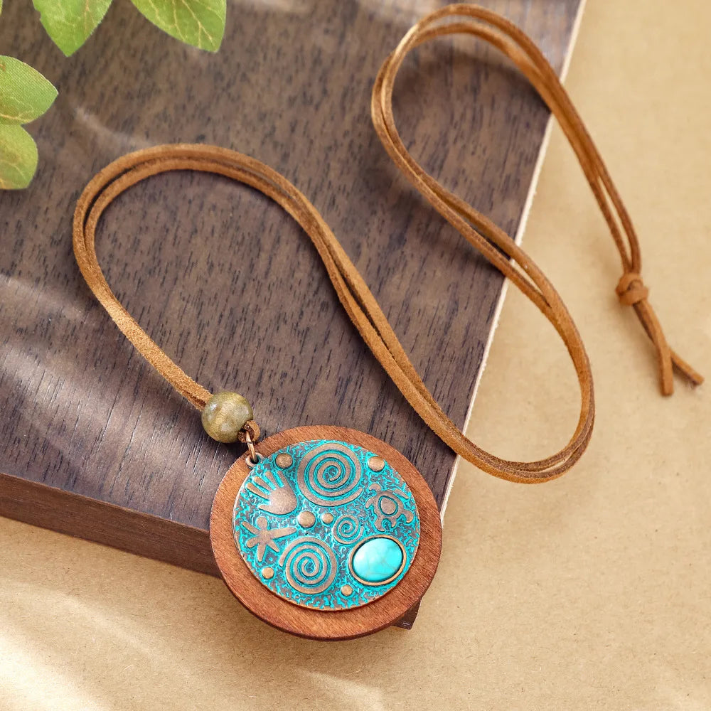 Bohemian Round Wooden Disc Pendant Necklaces for Women Ethnic Colorful Drop Oil Vintage Leather Rope Necklace Female Jewelry