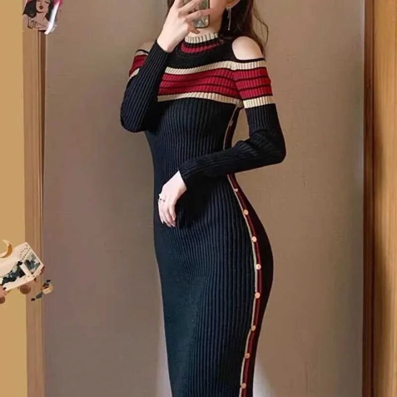 French Style Knitted Dress Slim Fit Shoulder Bared Long Gown for Women Autumn Fashion Elegant Ladylike Body Shape Highlighting