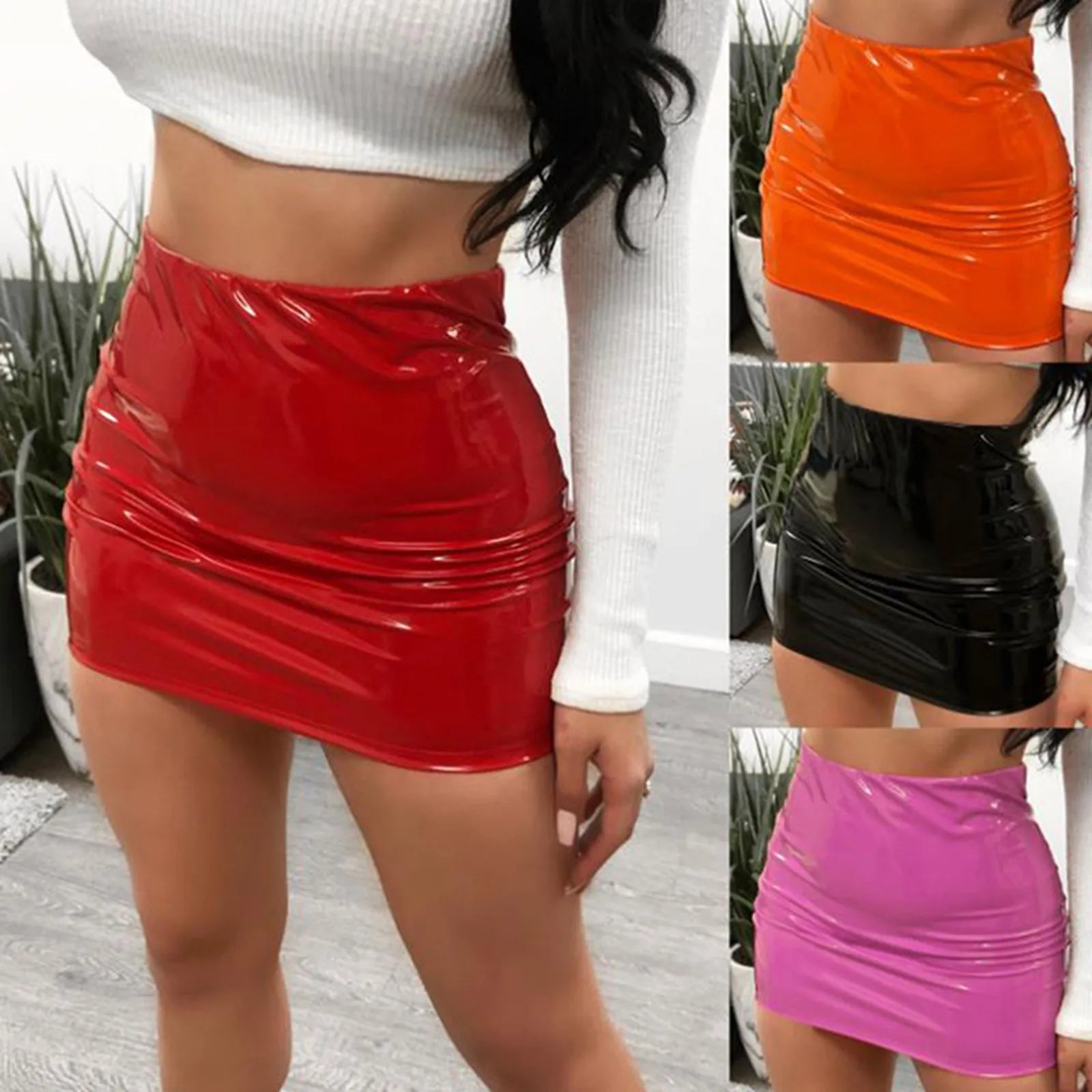 Women Pu Leather Skirts Red Pink Orange High Waist Slim Pencil Skirts Vintage Bodycon Mini Skirts Sexy  Latex Wet Look Clubwear