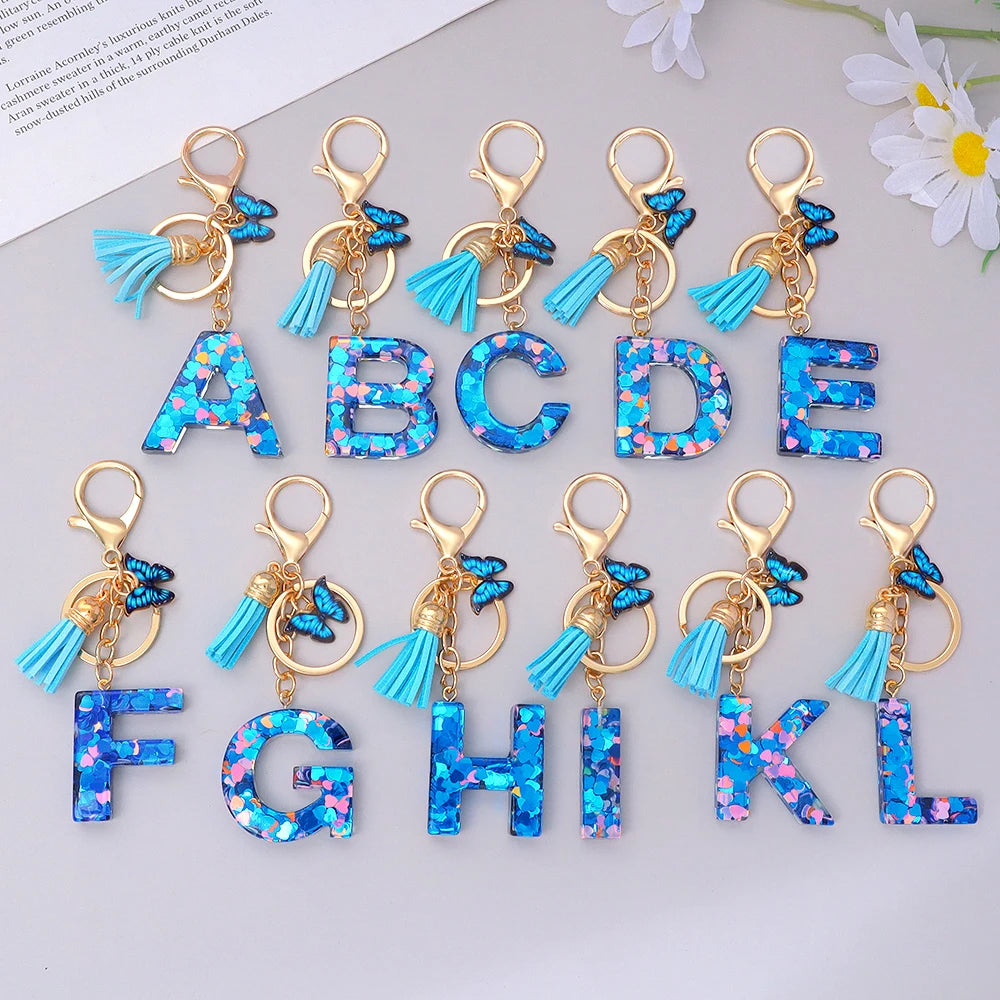 A-Z Blue Butterfly Tassel 26 Initials Keychain Women's Fashion Heart Sequin Letter Keyring Handbag Charm Car Trinket Accessories