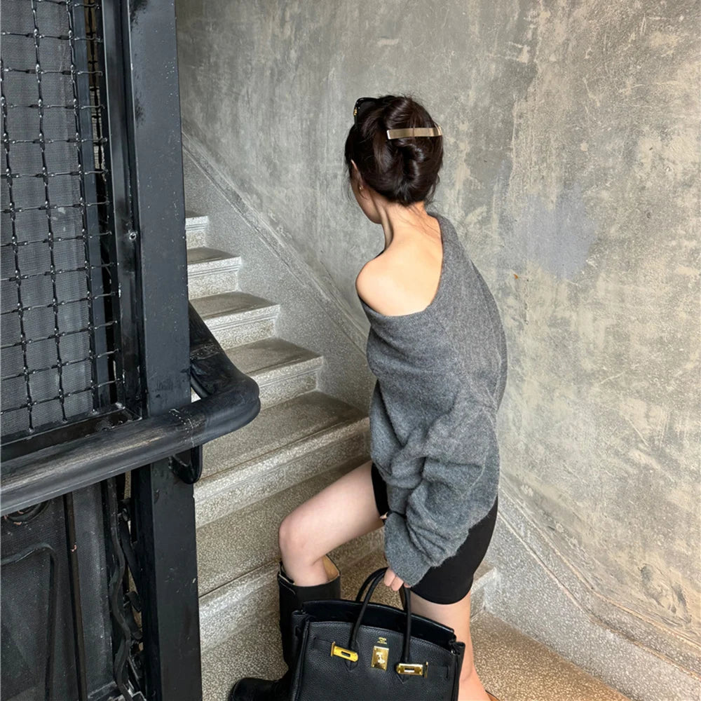 FZCSPEED Women's Off-shoulder Sweater Shoulder-baring Pullover Knit Solid Color Loose Knitwear Sweater for Autumn and Winter