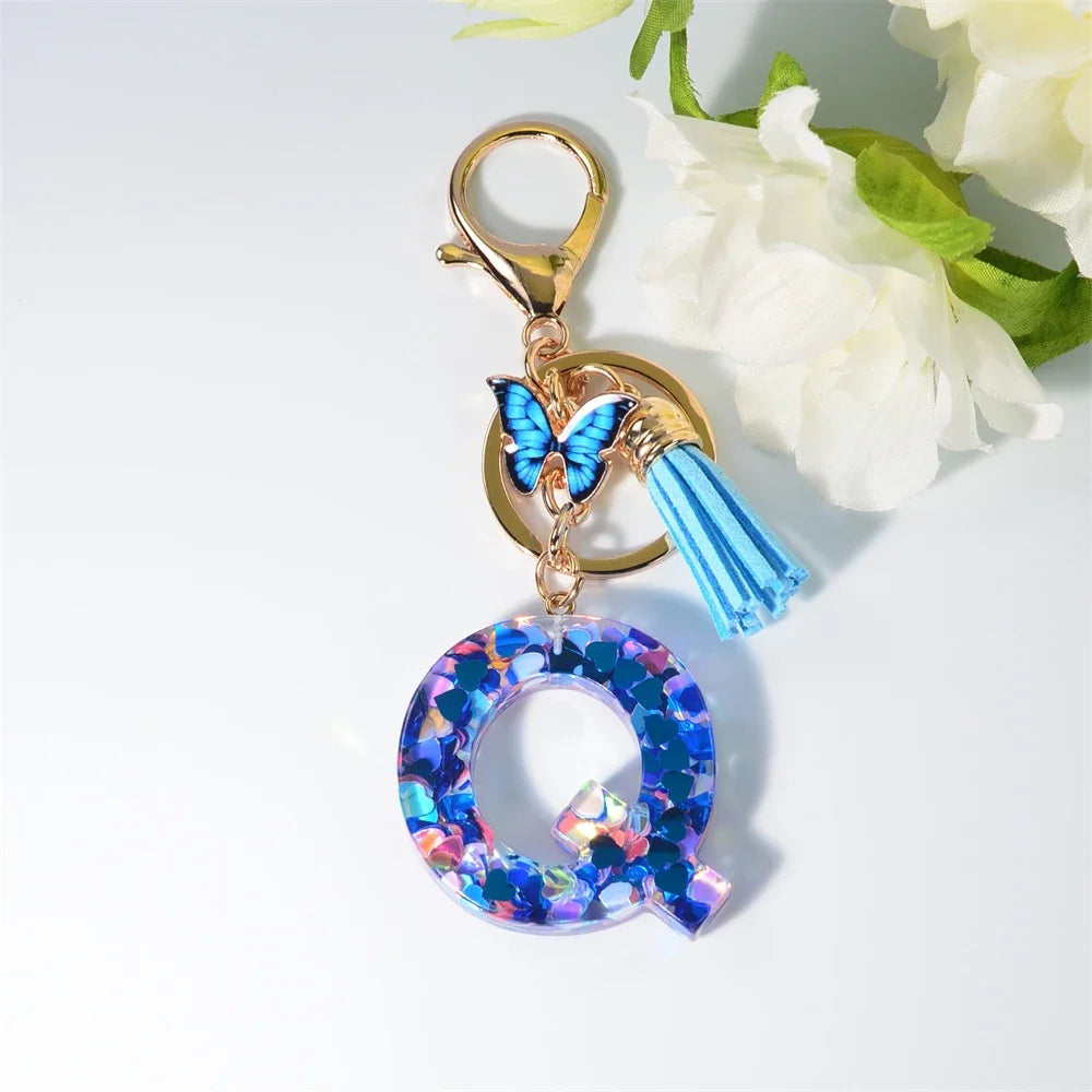 A-Z Blue Butterfly Tassel 26 Initials Keychain Women's Fashion Heart Sequin Letter Keyring Handbag Charm Car Trinket Accessories