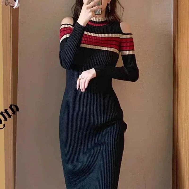French Style Knitted Dress Slim Fit Shoulder Bared Long Gown for Women Autumn Fashion Elegant Ladylike Body Shape Highlighting