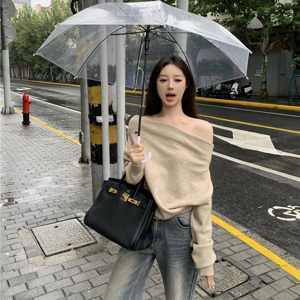 FZCSPEED Women's Off-shoulder Sweater Shoulder-baring Pullover Knit Solid Color Loose Knitwear Sweater for Autumn and Winter