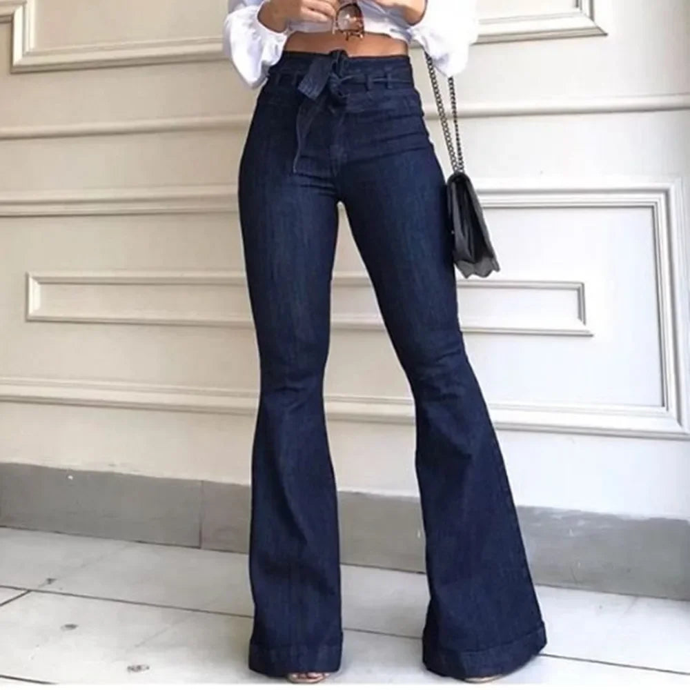 New Women Denim Tie Waist Flare Jeans Boyfriend Jeans Ladies High Waist Skinny bell bottom jeans Pants Autumn Wide Leg Mom Jeans