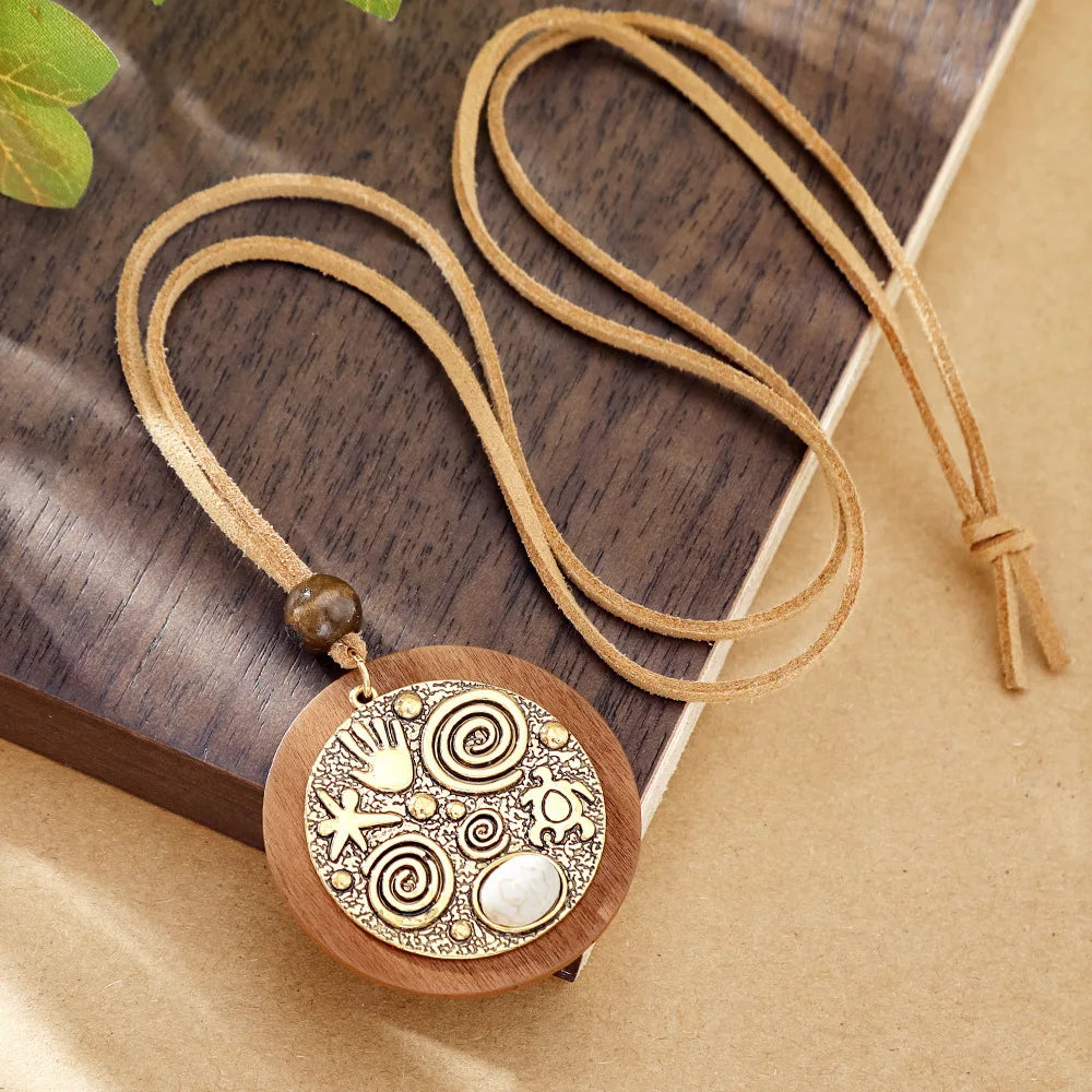 Bohemian Round Wooden Disc Pendant Necklaces for Women Ethnic Colorful Drop Oil Vintage Leather Rope Necklace Female Jewelry