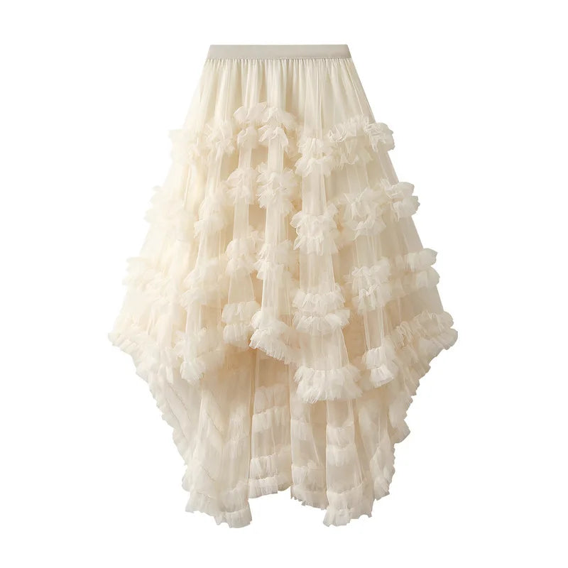 Women's Mesh Skirts Saree Candy Color Elastic Waist Fairy Mesh Half-body Skirt Puffy Irregular Ruffle Cake Skirt for Female 2025