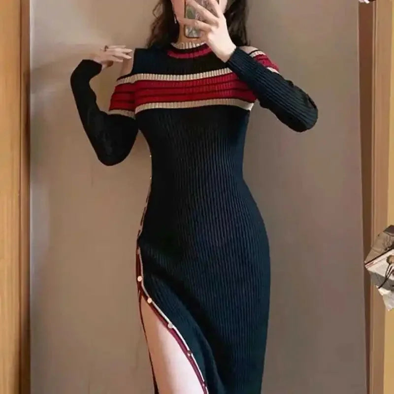 French Style Knitted Dress Slim Fit Shoulder Bared Long Gown for Women Autumn Fashion Elegant Ladylike Body Shape Highlighting