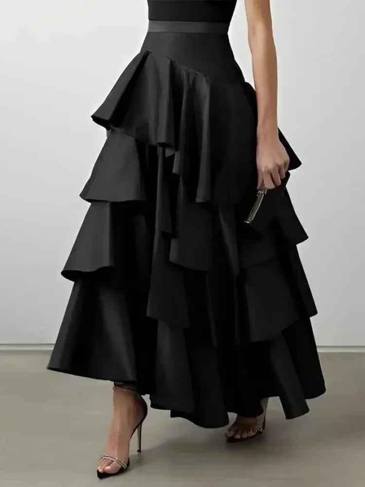 UOOZEE Women Fashion Elegant Falbala A-Line Skirt 2025 New Spring Summer Solid Color High Waisted Party Prom Maxi Skirts