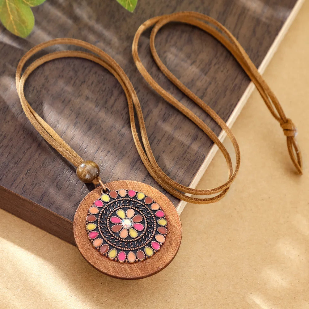 Bohemian Round Wooden Disc Pendant Necklaces for Women Ethnic Colorful Drop Oil Vintage Leather Rope Necklace Female Jewelry