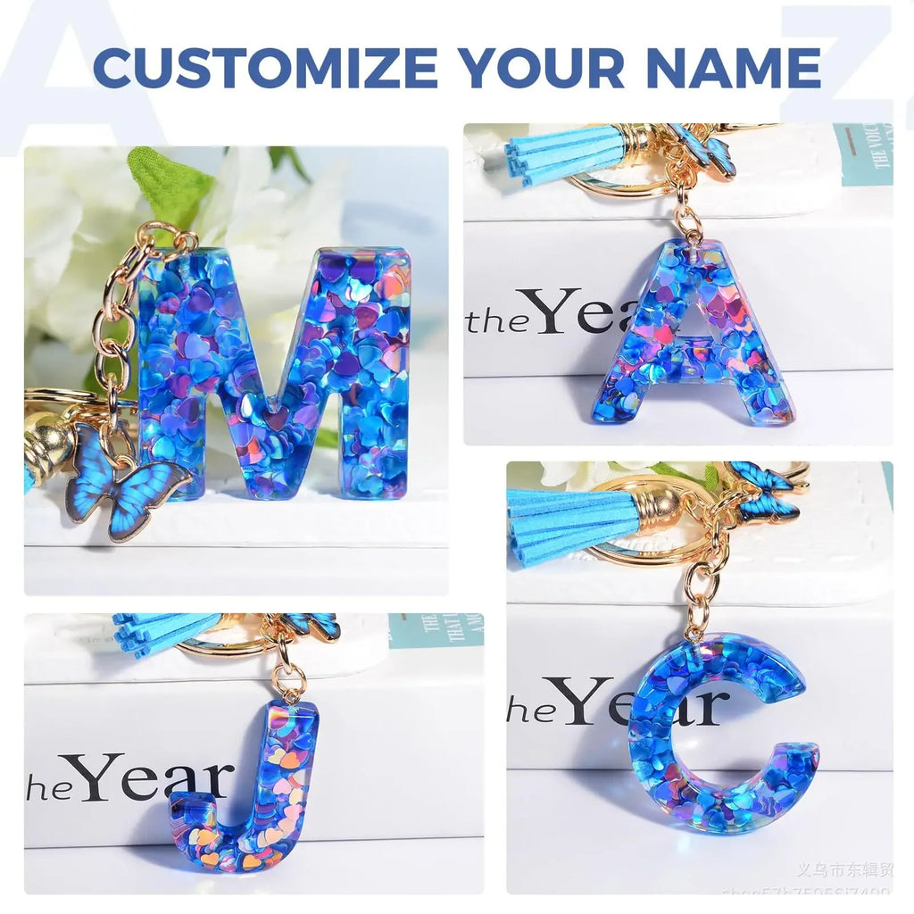 A-Z Blue Butterfly Tassel 26 Initials Keychain Women's Fashion Heart Sequin Letter Keyring Handbag Charm Car Trinket Accessories