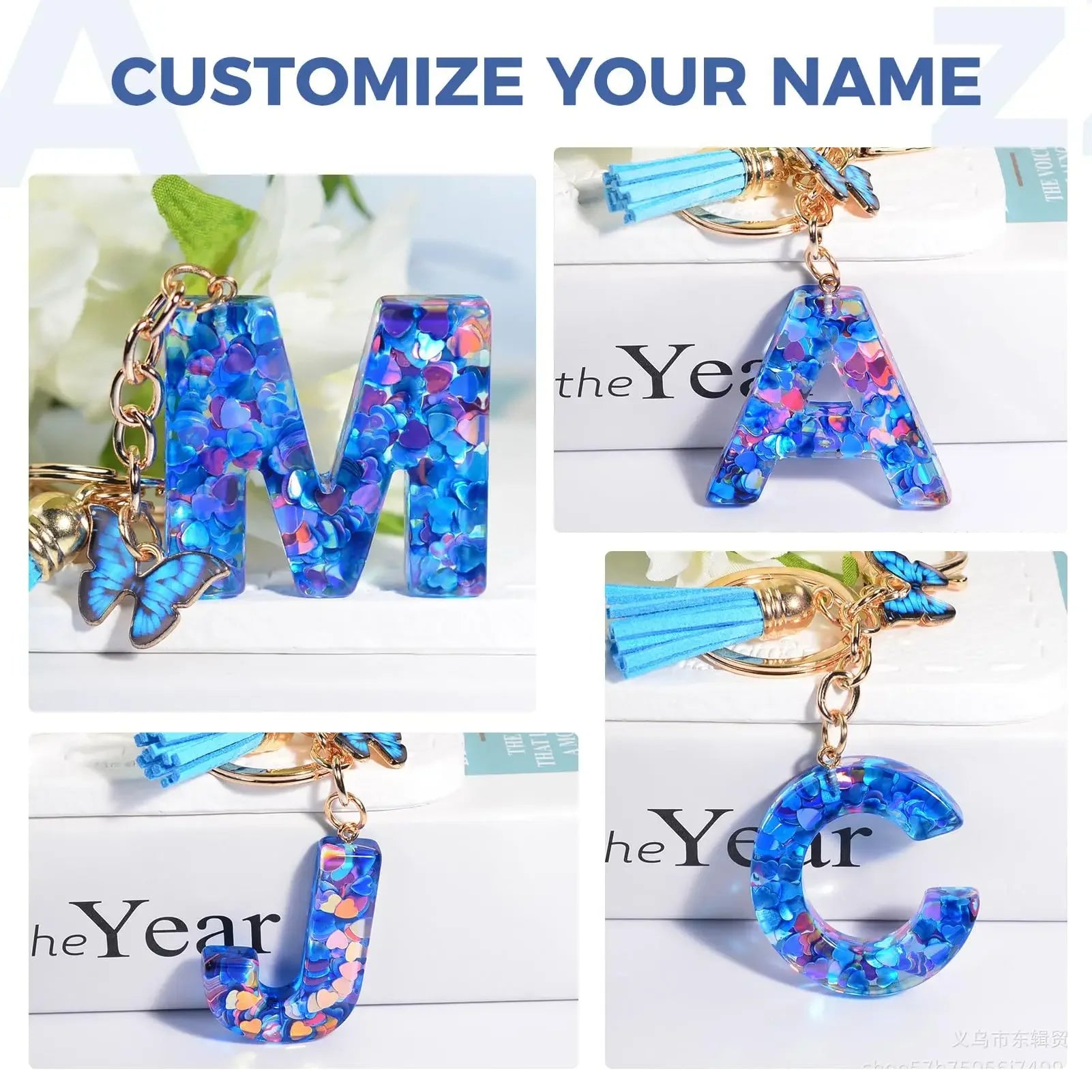 A-Z Blue Butterfly Tassel 26 Initials Keychain Women's Fashion Heart Sequin Letter Keyring Handbag Charm Car Trinket Accessories