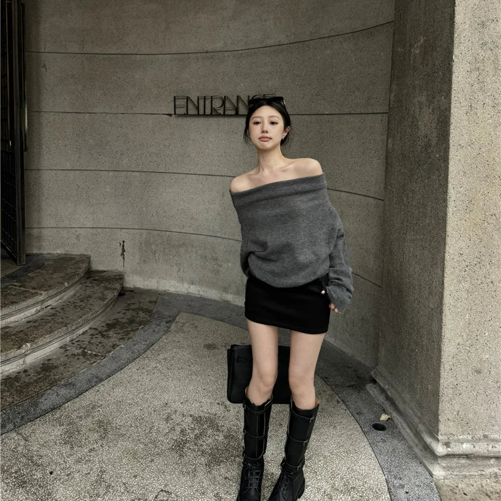 FZCSPEED Women's Off-shoulder Sweater Shoulder-baring Pullover Knit Solid Color Loose Knitwear Sweater for Autumn and Winter