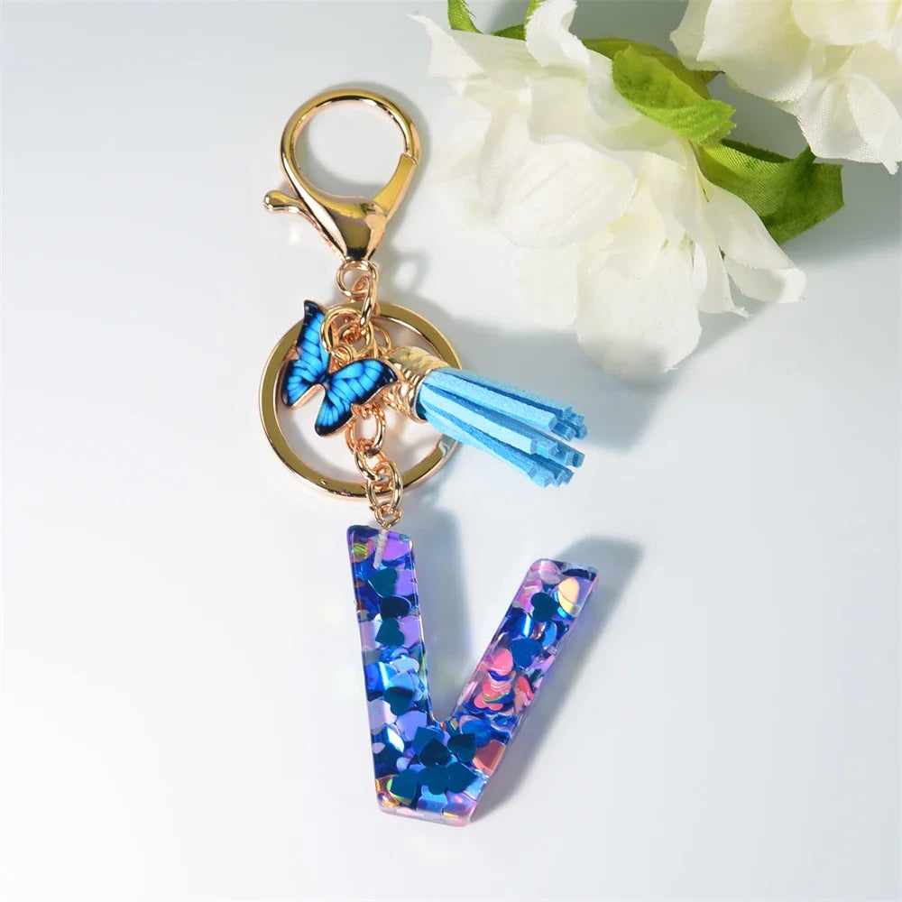A-Z Blue Butterfly Tassel 26 Initials Keychain Women's Fashion Heart Sequin Letter Keyring Handbag Charm Car Trinket Accessories