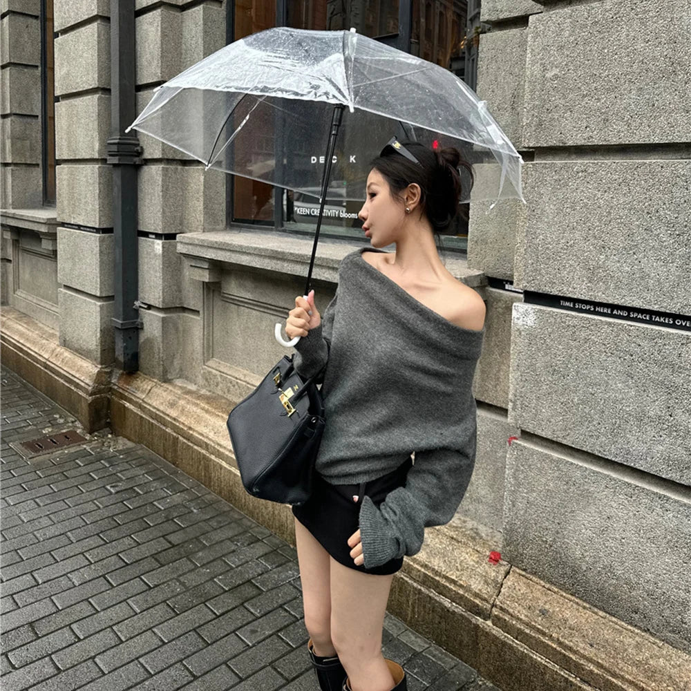 FZCSPEED Women's Off-shoulder Sweater Shoulder-baring Pullover Knit Solid Color Loose Knitwear Sweater for Autumn and Winter