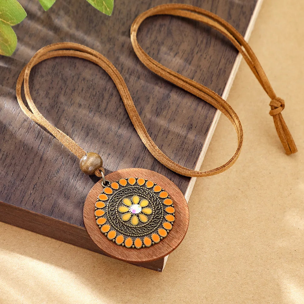 Bohemian Round Wooden Disc Pendant Necklaces for Women Ethnic Colorful Drop Oil Vintage Leather Rope Necklace Female Jewelry