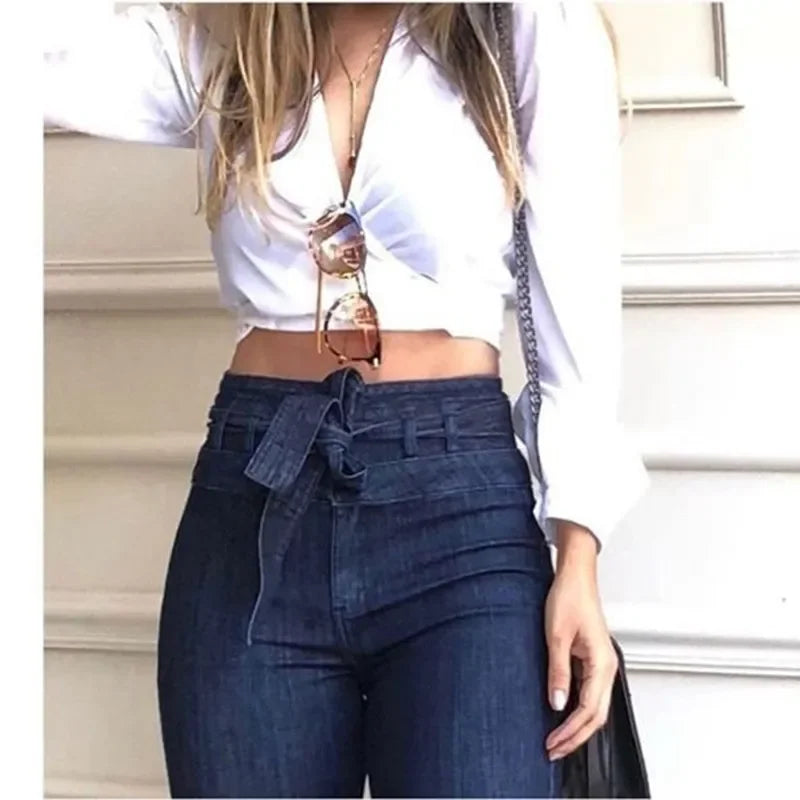 New Women Denim Tie Waist Flare Jeans Boyfriend Jeans Ladies High Waist Skinny bell bottom jeans Pants Autumn Wide Leg Mom Jeans