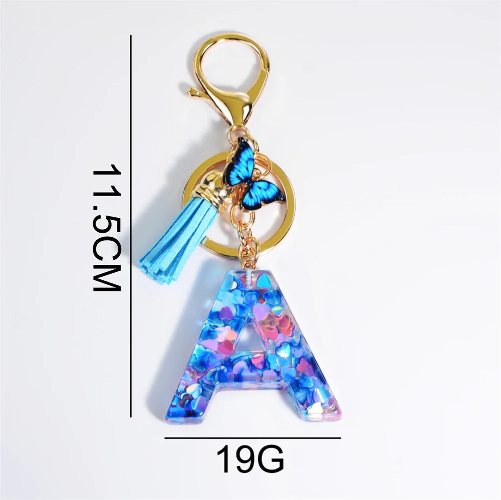 A-Z Blue Butterfly Tassel 26 Initials Keychain Women's Fashion Heart Sequin Letter Keyring Handbag Charm Car Trinket Accessories
