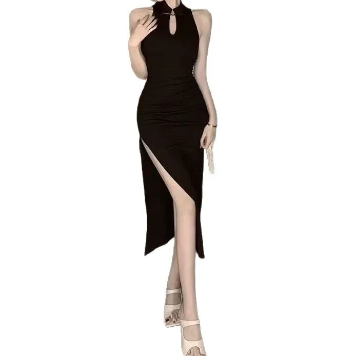 Sexy Advanced Pure Desire Dance Improved Cheongsam Women's Early Spring Split Empress New Chinese Style Hanging Neck Bodycon Dre